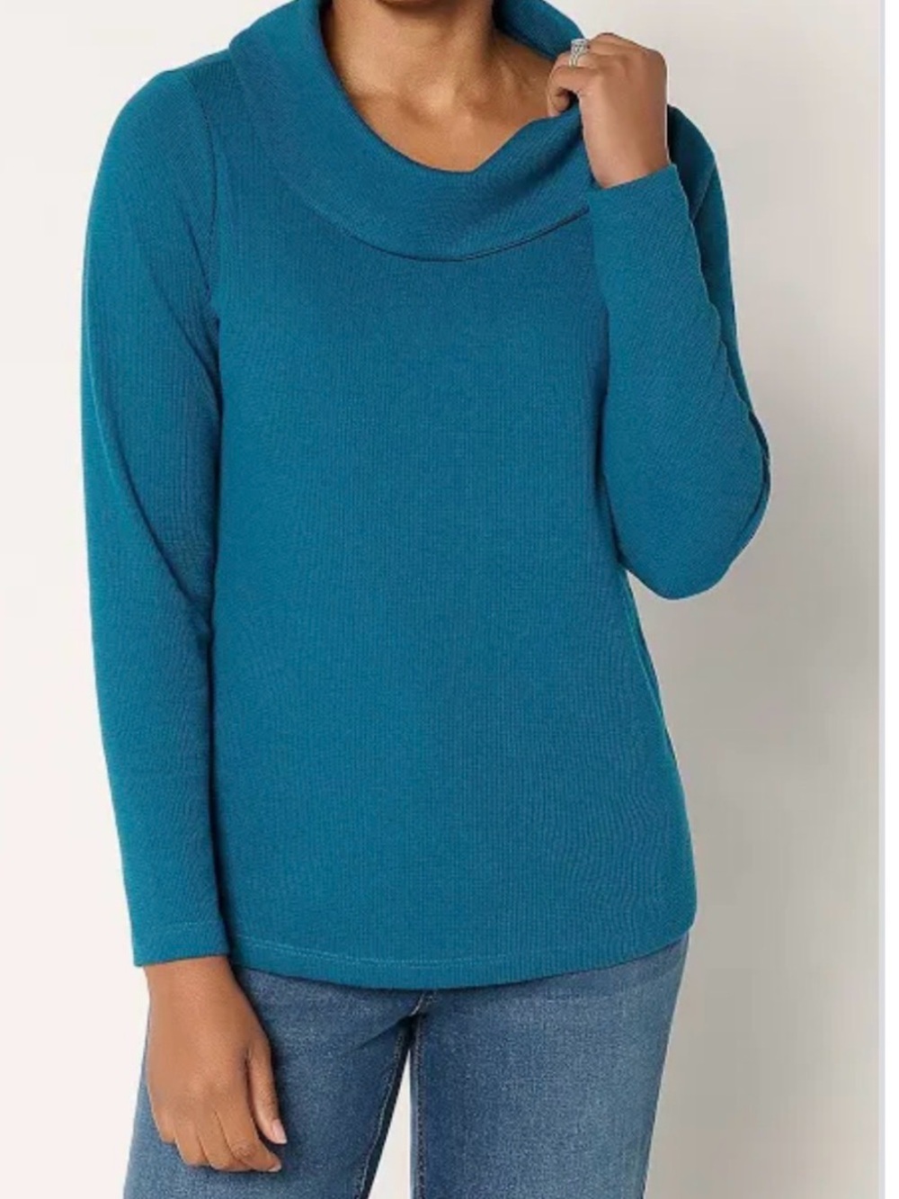 New Denim & Co. Essentials Waffle Knit Long-Sleeve Cowl Neck Top Teal size Large